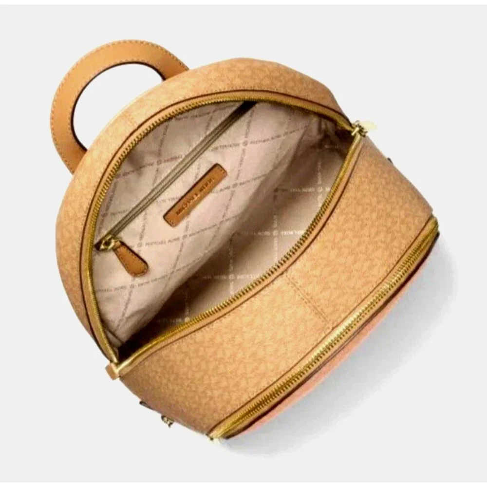 New Michael Kors Rhea Medium Colorblock Signature Logo Backpack Pop Orange Multi - Picture 3 of 4